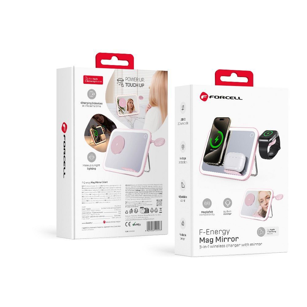 FORCELL F-ENERGY Mag Mirror 15W 3 in 1 wireless charger compatible with MagSafe / Apple Watch / Samsung Watch / Airpods pink - Image 1