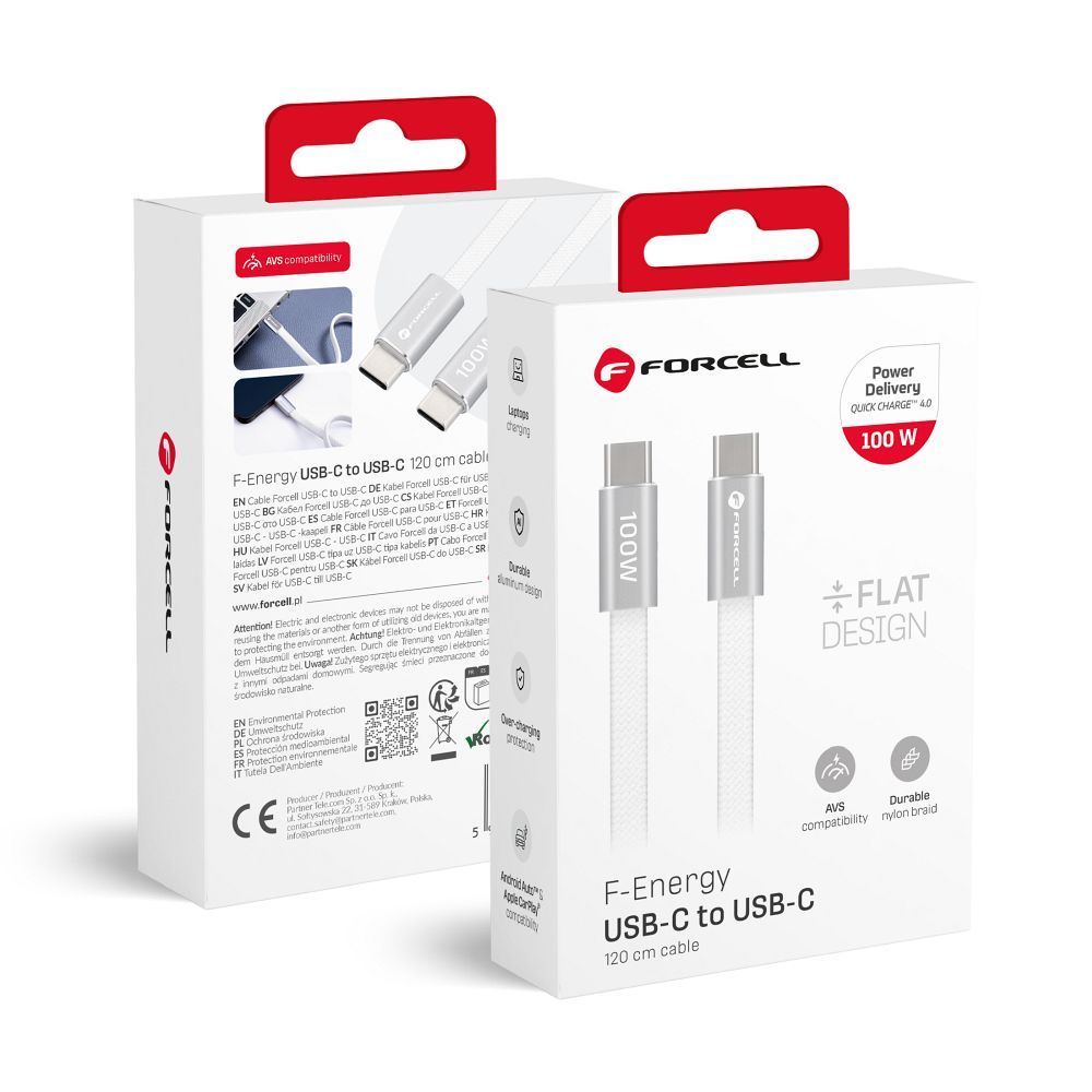 Cable USB C to USB C Forcell F-Energy QC4.0 PD 5A 100W Cafule Flat 1,2m CCFN23 white Cable USB C to USB C Forcell F-Energy QC4.0 PD 5A 100W Cafule Flat 1,2m CCFN23 white - Image 1