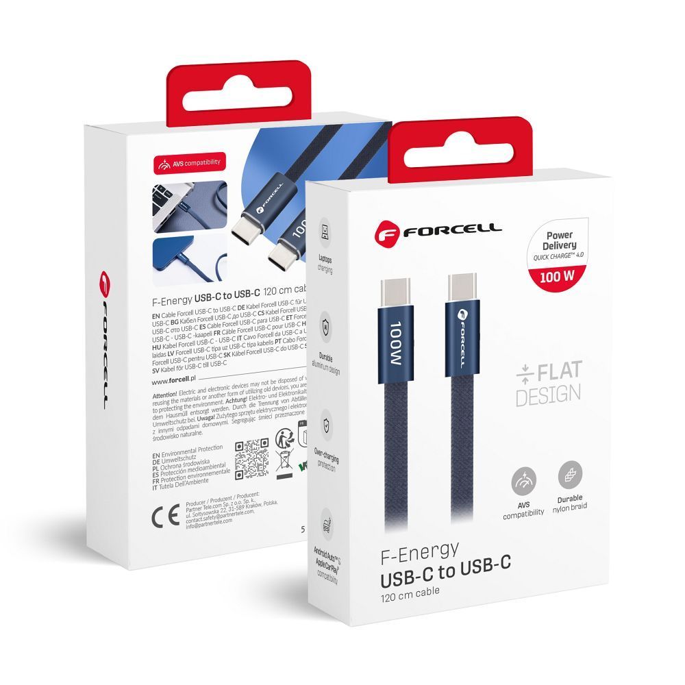 Cable USB C to USB C Forcell F-Energy QC4.0 PD 5A 100W Cafule Flat 1,2 m CCFN23 dark blue Cable USB C to USB C Forcell F-Energy QC4.0 PD 5A 100W Cafule Flat 1,2 m CCFN23 dark blue - Image 1
