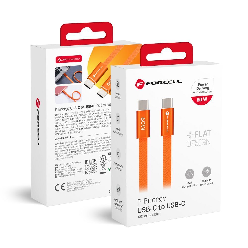 Cable USB C to USB C Forcell F-Energy QC4.0 PD 3A 60W Cafule Flat 1,2 m CCFN23 orange - Image 1