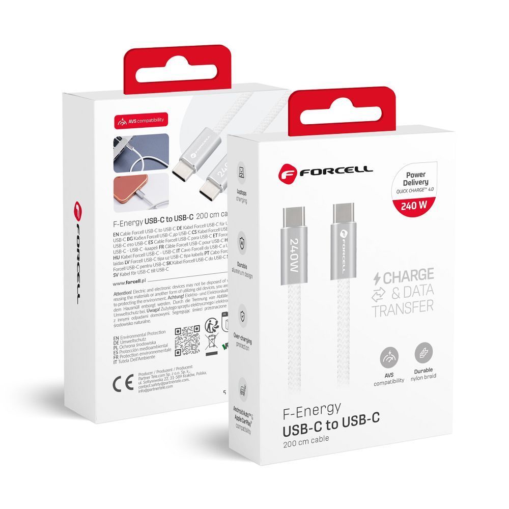 Cable USB C to USB C Forcell F-Energy QC4.0 PD 5A 240W Cafule Color 2 m CBN1 white Cable USB C to USB C Forcell F-Energy QC4.0 PD 5A 240W Cafule Color 2 m CBN1 white - Image 1