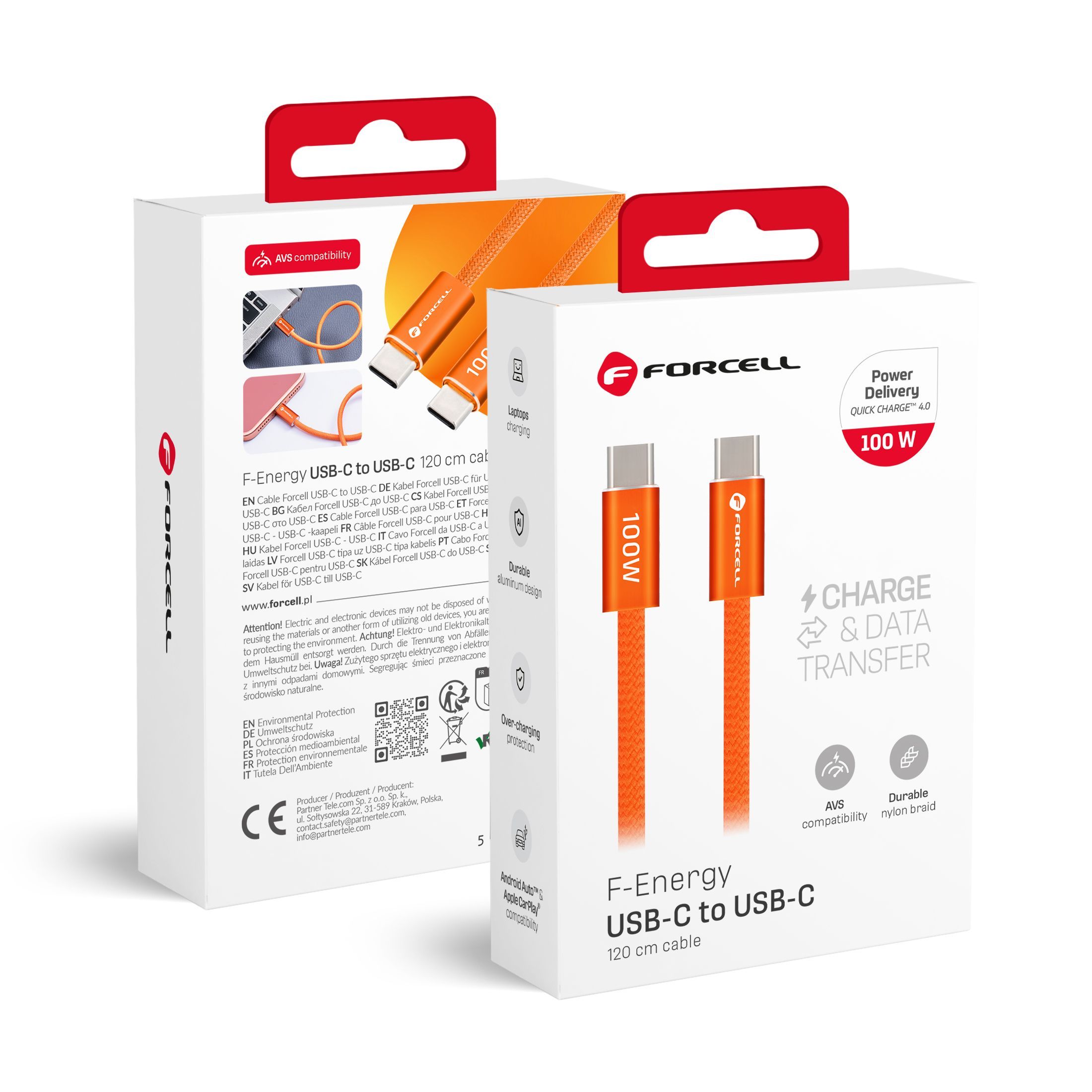 Cable USB C to USB C Forcell F-Energy QC4.0 PD 5A 100W Cafule Color 1,2 m ACYH23 orange - Image 1