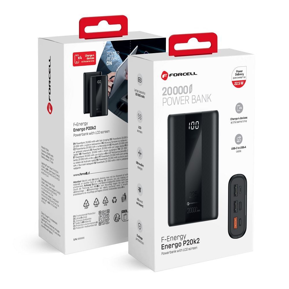 Powerbank Forcell F-Energy Energo P20K2 QC3.0 PD 3A 22,5W 20000 mAh black - Image 1